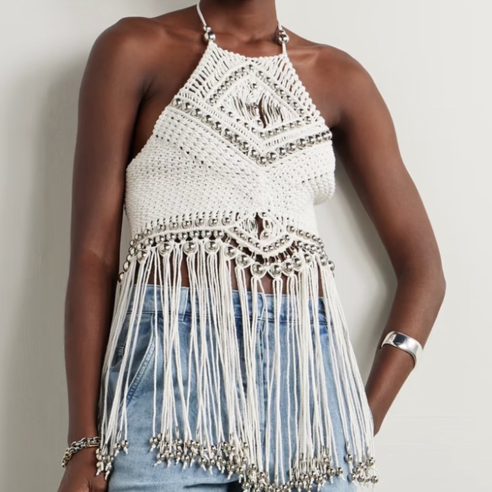Paco Rabanne Crochet‎ Halter Top Beaded Fringe Festival Party Rave Statement